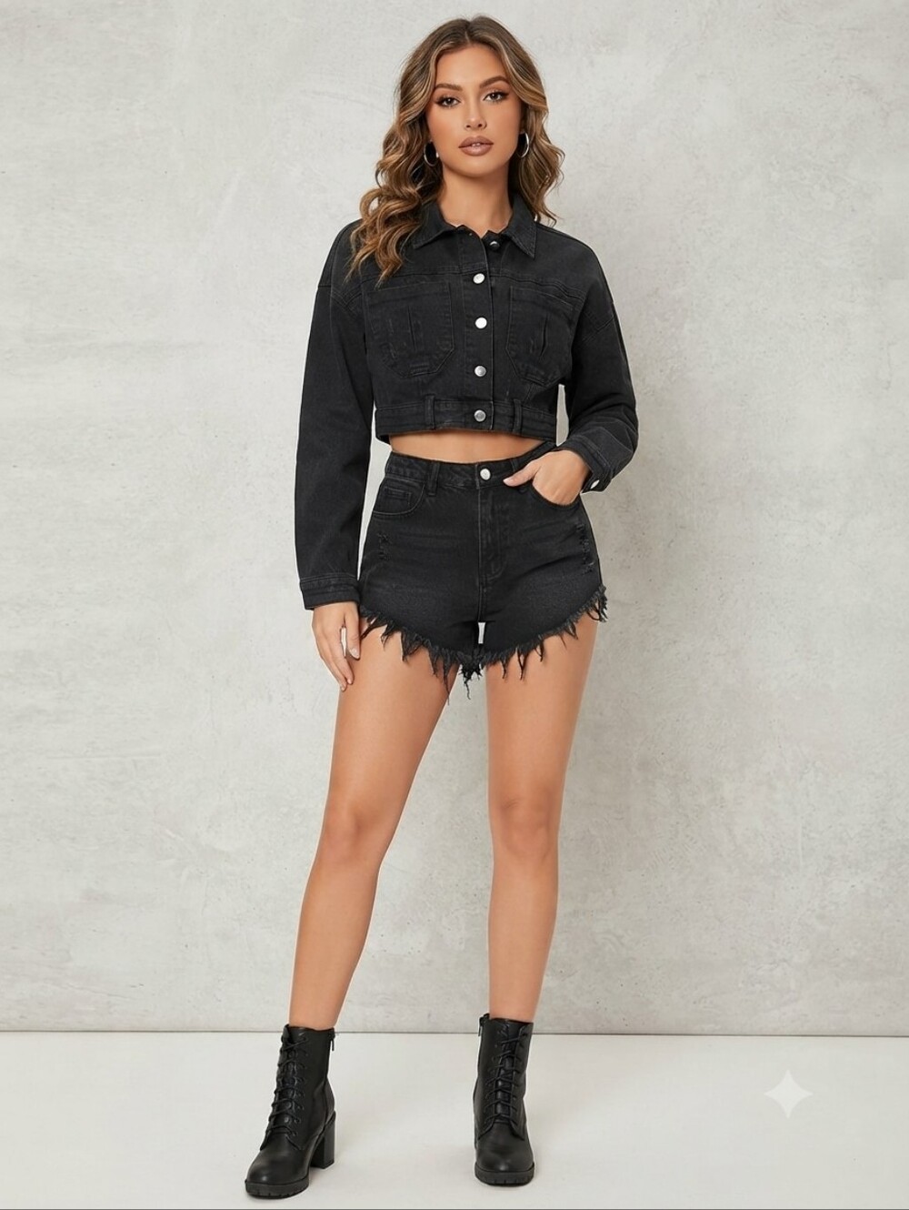 Fashion Nova Black Frayed Jean Shorts Denim Cropped Jacket Set Size Small